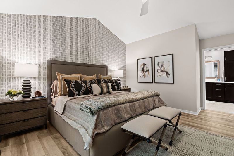 Earth-toned bedroom styled in Universal Khaki